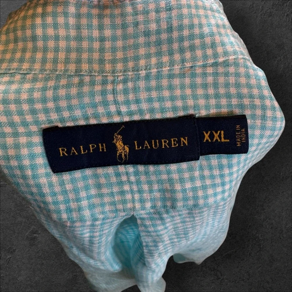 Ralph Lauren Mens‎ Blue White Gingham Linen Short Sleeve Button Down Shirt XXL